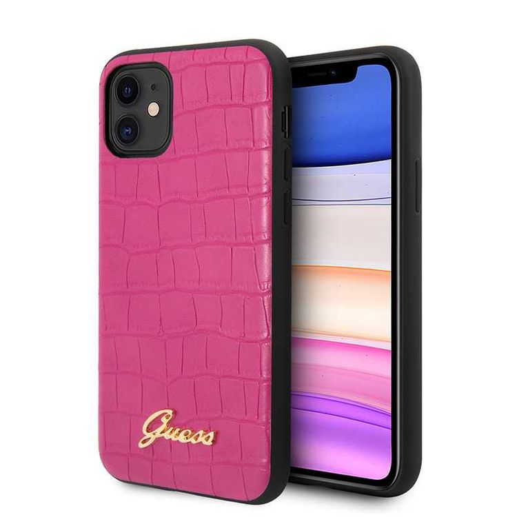 CG Mobile Guess PU Croco Print Phone Case with Metal Logo Compatible for iPhone 11 (6.1") Shock & Scratch Resistant Officially Licensed - Pink