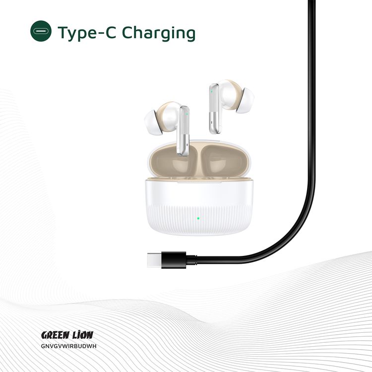 Green Lion Vancouver True Wireless Earbuds with Dual Microphones, 200mAh Charging Case & 25mAh Earbuds Battery, Up to 4 Hours Play Time, Bluetooth Version 6.0, 12m Transmission Range - White
