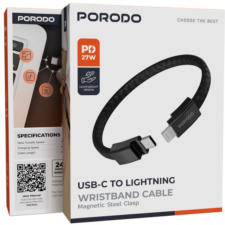 Porodo USB-C to Lightning Wristband Cable with Magnetic Steel Clasp, 27W Power Delivery, 480Mbps Data Transfer Speed, Wearable Design, 20cm Cable Length, PU Leather & Zinc Alloy Material - Black