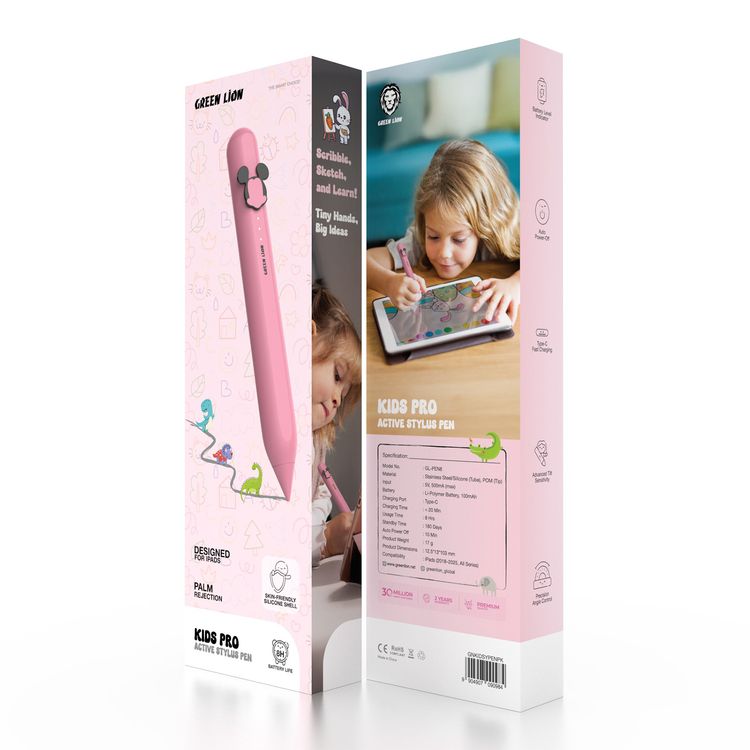 قلم ستايلس للأطفال من غرين ليون برو أكتيف مع مؤشر لمستوى البطارية، منفذ شحن USB-C، وقت استخدام يصل إلى 8 ساعات، حساسية ميل متقدمة، رفض راحة اليد، بطارية 100 مللي أمبير، وظيفة إيقاف التشغيل التلقائي - وردي