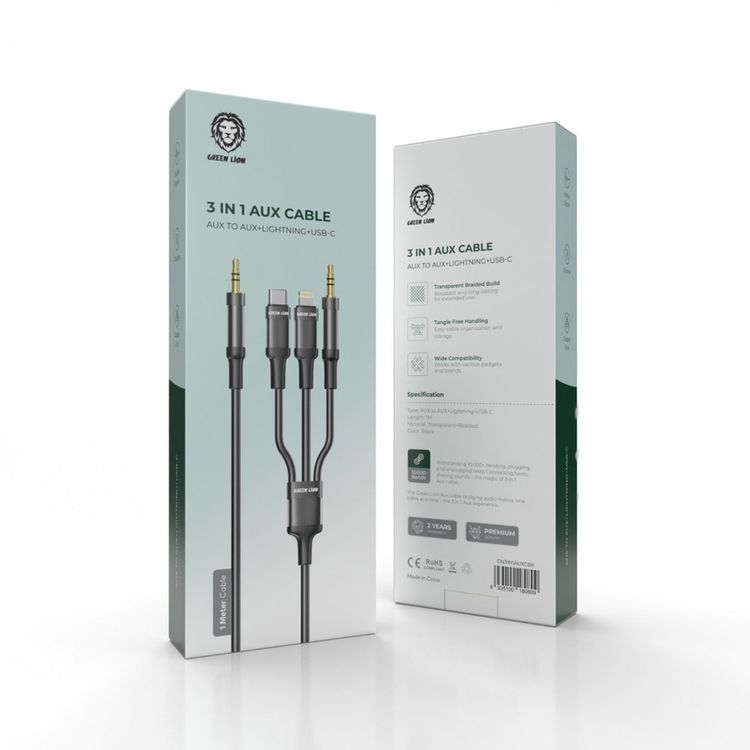 Green Lion 3-in-1 AUX Cable with AUX to AUX + Lightning + USB-C Connection, 1.2m Length, 10000 Bends Lifespan, 3.5mm Wire Diameter, Copper Core + Aluminum Shell + Nylon Braided - Black