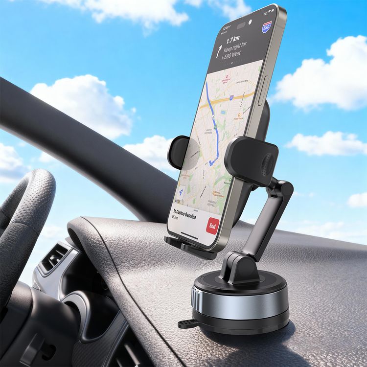 Porodo Robson Cradle Suction Phone Holder with Adjustable Viewing Angle, Lock and Unlock Function, Strong Suction Base, Multi-Surface Mounting, One-Click Lock and Release, Full-Angle Rotation, Compatible with 4.7"-6.8" Devices - Black