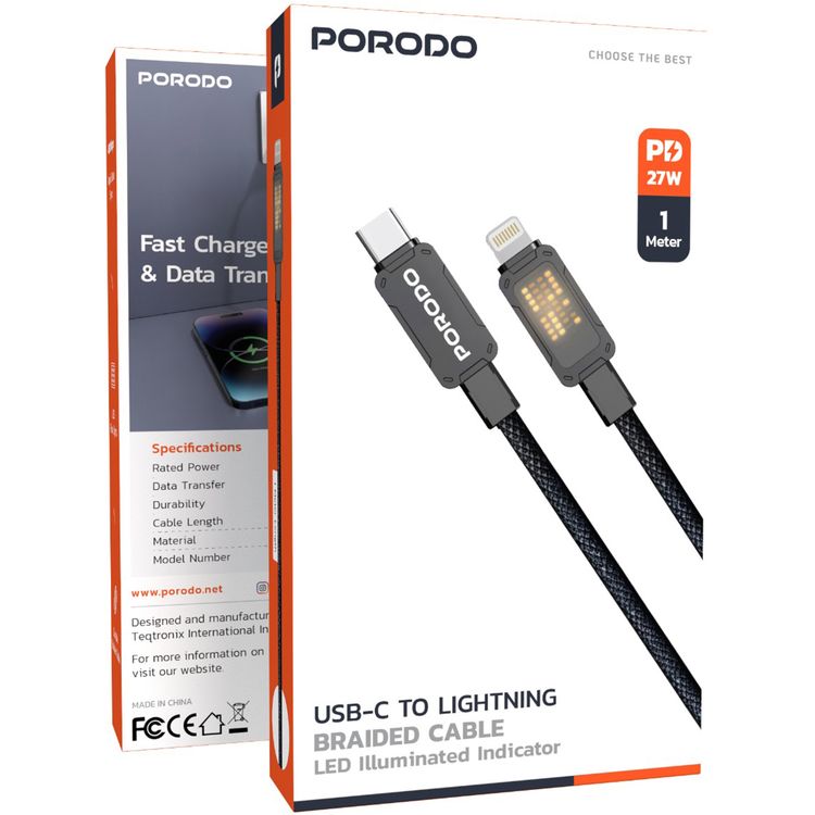 Porodo USB-C to Lightning Braided Cable with 27W Rated Power, 480Mbps Data Transfer, 1m Cable Length, Fast Charging & Data Transfer - Black
