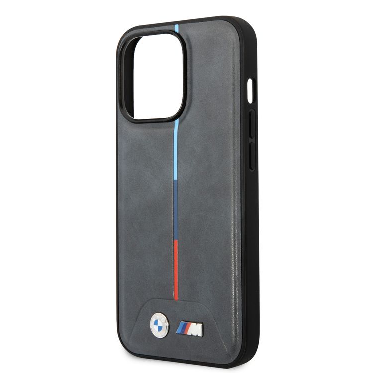 BMW M Collection Magsafe Compatibility Quilted PU Case with Hot Stamped Tricolor Stripe iPhone 14 Plus Compatibility - Gray