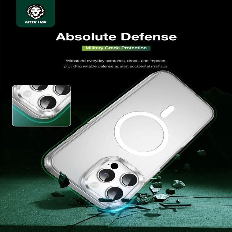 جراب Green Lion Sense Crystal Clear Magsafe، لهاتف iPhone 16، حماية للكاميرا، حماية من السقوط، متوافق مع Magsafe، مغناطيسات قوية، مضاد للخدش، زر استشعار، حافة مرتفعة