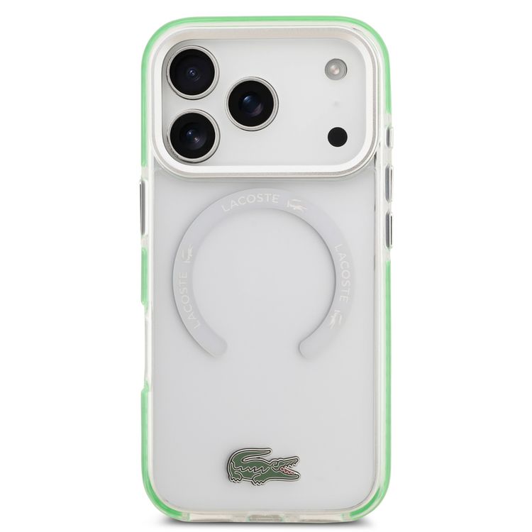 غطاء Lacoste MagSafe مصنوع من TPU و PC شفاف مع لمسة نهائية متجمدة لأيفون 17 برو ماكس، حماية من السقوط، تصميم نحيف، تغليف مستدام، تصميم سهل التركيب - باللون الأخضر
