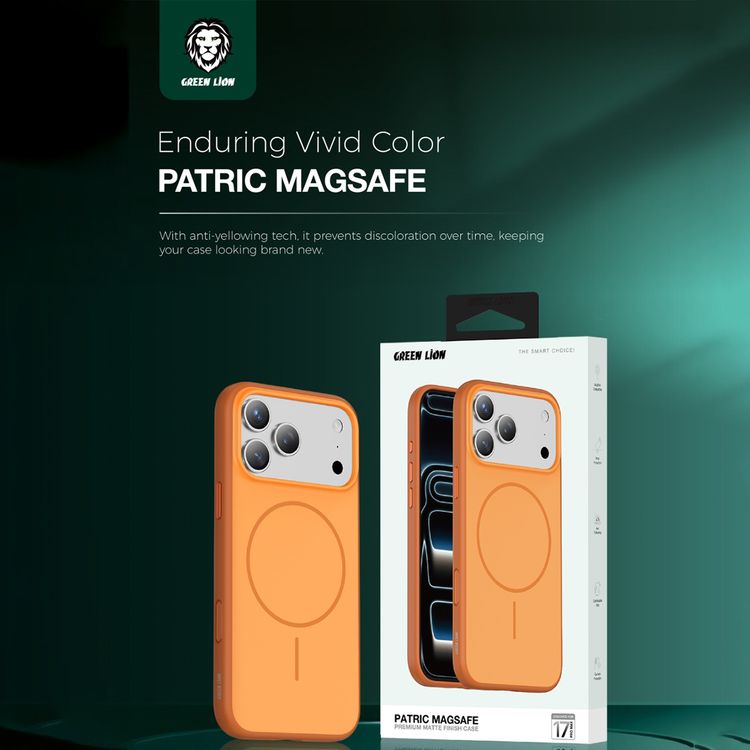 جراب Green Lion Patric MagSafe بلمسة نهائية مات ممتاز لهاتف iPhone 17 Pro Max، حماية من السقوط والكاميرا، قبضة مريحة، مضاد للاصفرار - برتقالي