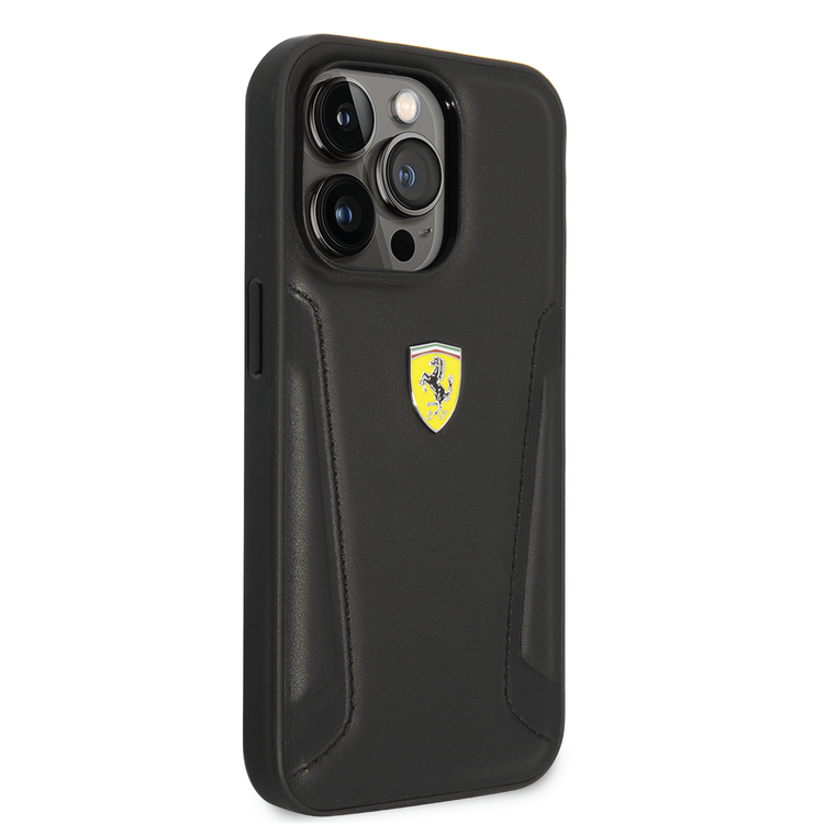 Ferrari Leather Case With Hot Stamped Sides & Yellow Shield Logo - iPhone 14 Pro - Black