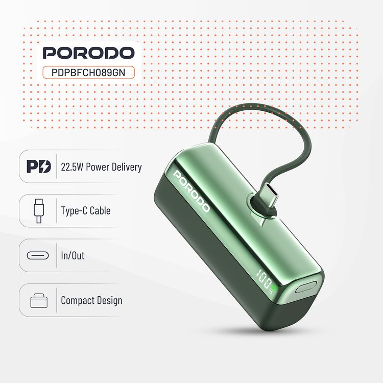 Porodo Pocket Volt 5000mAh Power Bank with Built-in Type-C Connector, 22.5W Power Delivery, Fast Charging Support, Compact Design, 15W Total Output - Green