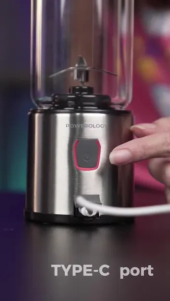 Powerology 6-Blade Portable Juicer with 450ml Capacity, Safety Switch, 126W Motor, Glass Container, USB-C Charging Port, 16500 RPM Speed, Ice Crusher, Stainless Steel Blades - Black