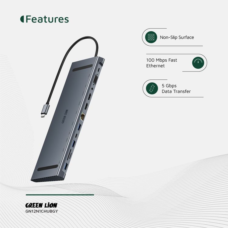 Green Lion 12-in-1 4K HDMI Ethernet USB-C Hub with 3× USB-A, 2× USB-C, 2× HDMI, SD/TF Card, RJ45, VGA & AUX Ports, Aluminum Alloy Material, 100Mbps Fast Ethernet, 29cm Cable Length, 5Gbps Data Transfer, Non-Slip Surface - Gray