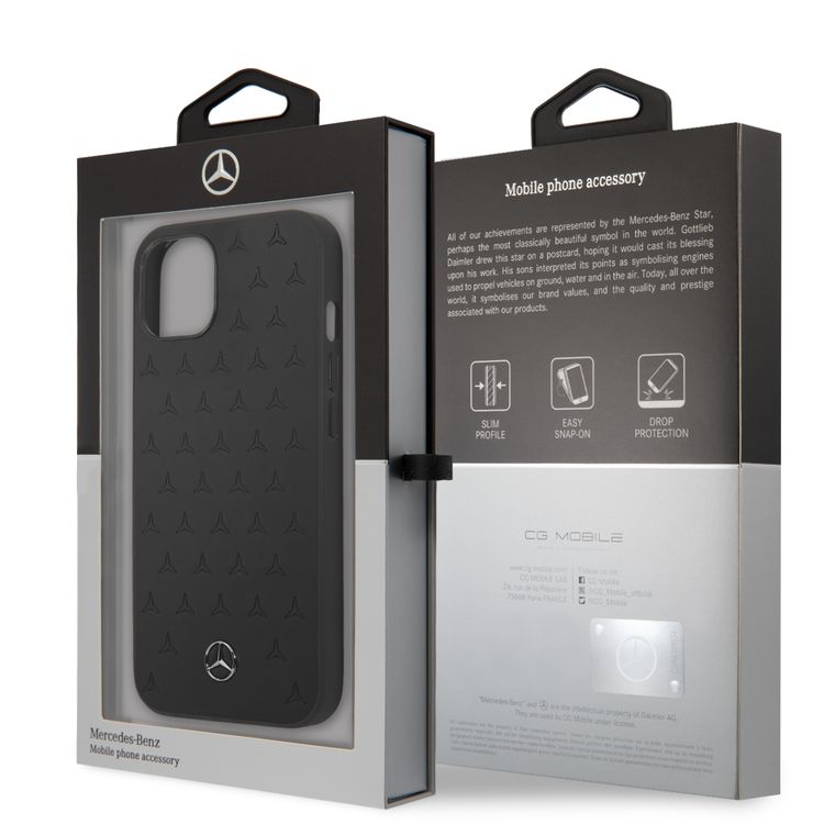 CG MOBILE Mercedes Benz Genuine Leather Hard Case Quilted Stars Pattern Metal Star Logo Compatible for iPhone 13 Pro Max (6.7") Easy Access to All Ports, Anti-Scratch, Shock Absorption Back Cover Suitable with Wireless Charging Officially Licensed