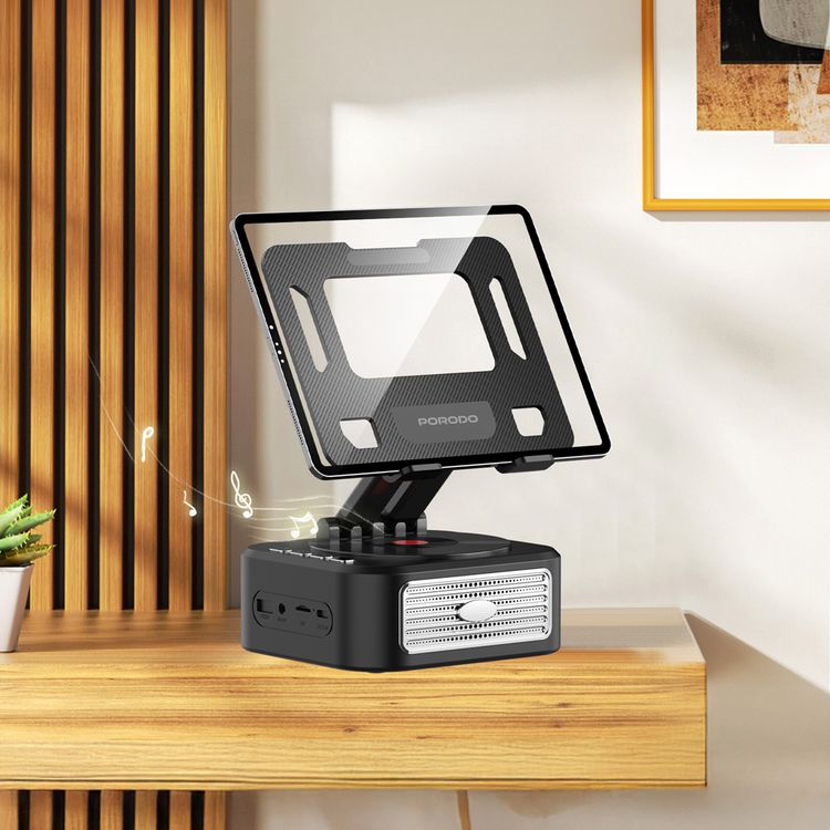 Porodo Multifunctional Tablet Speaker Stand with Power Bank, USB/TF Playback, 1200mAh Battery Capacity, Up to 3.5 Hours Playback Time, 5W Rated Power, 40mm Speaker Driver, USB-C Charging Interface, Bluetooth Version 5.0, 360° Rotation, Tilt & Rotate, Flexible Viewing Angle - Black