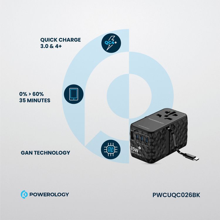 Powerology Universal 85W Super Charger with Retractable Type-C Cable, 70W Power Delivery, GaN Technology, Simultaneous Charging, Spare Fuse Included - Black