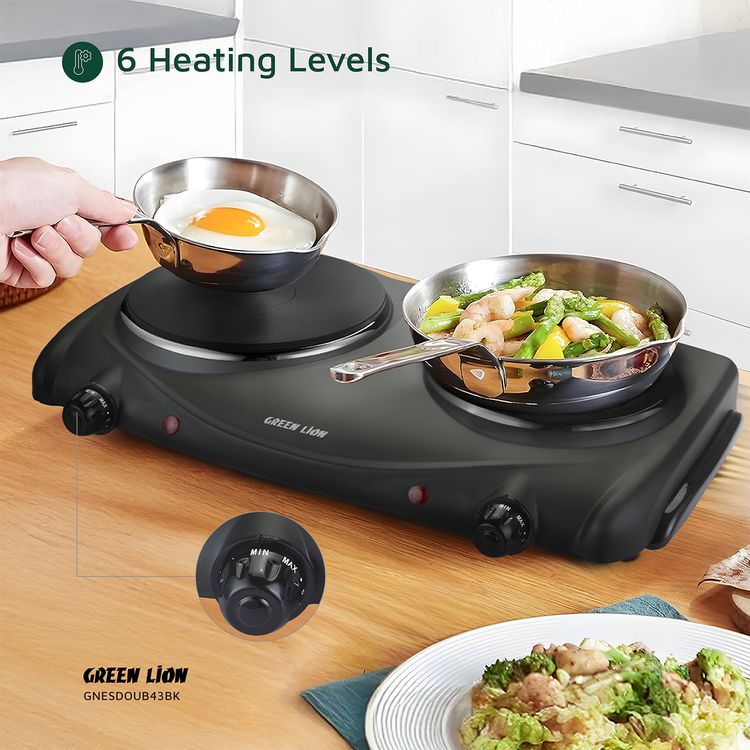 Green Lion Electric Stove with Double Hot Plate, 6 Heating Levels, Anti-Slip Base, Power Indicator, Easy-to-Clean Design, Thermostat Control, Iron & Plastic Material, 50-500° C Temperature Range, 70cm BS Plug - Black