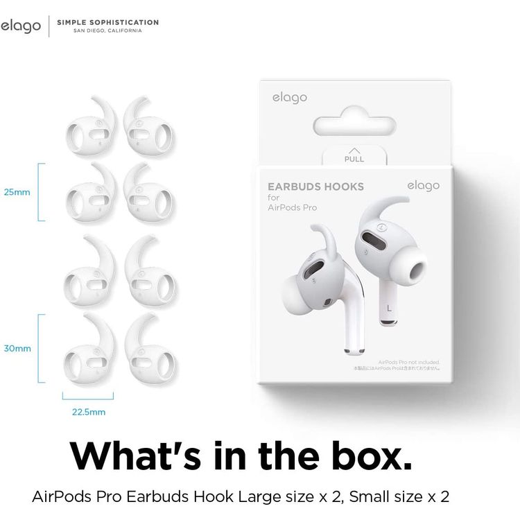 Elago Earbuds Hook Cover, Protective Buffer for Apple AirPods Pro Suitable for Jogging, Cycling, Gym & Fitness Activities [4 Pairs: 2 Large + 2 Small] - White