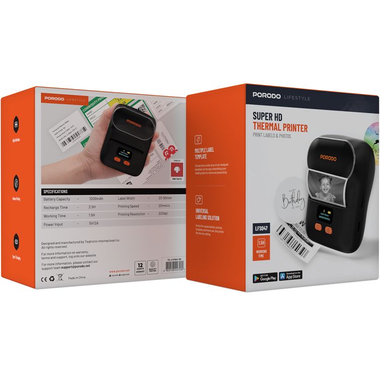 طابعة حرارية بورودو سوبر اتش دي مع بلوتوث، سعة بطارية 1200 مللي امبير في الساعة، وقت إعادة شحن 2.5 ساعة، وقت عمل 1.5 ساعة، عرض ملصق 20-50 مم، سوبر اتش دي - اسود