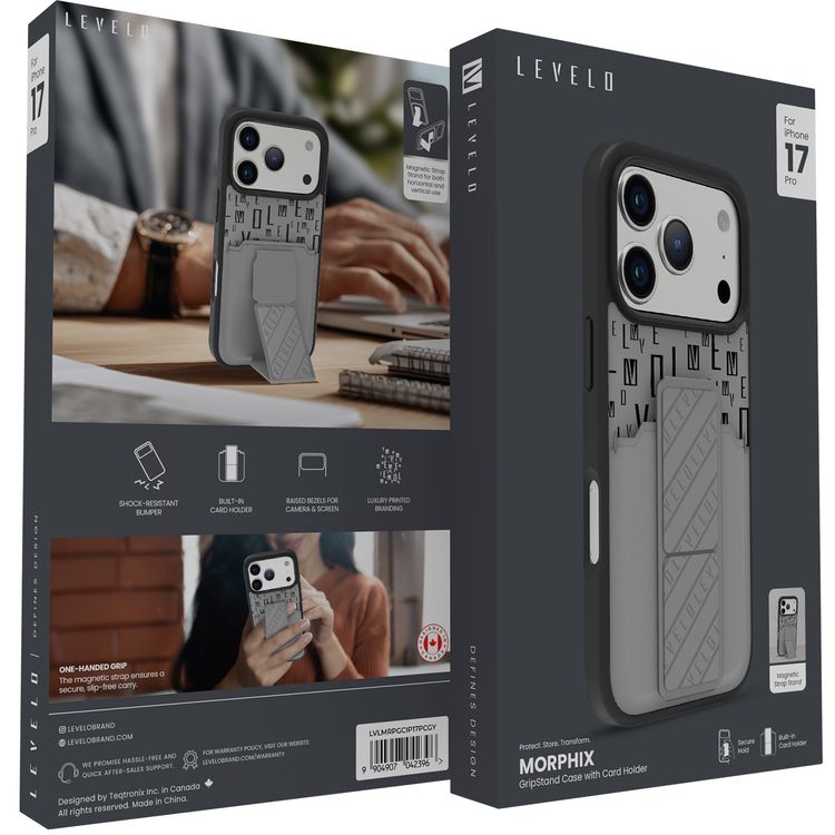 حافظة Levelo Morphix GripStand مع حامل بطاقات لجهاز iPhone 17 Pro، تصميم فاخر مطبوع بعلامة تجارية، ممتصة للصدمات، حواف مرتفعة للكاميرا والشاشة، حامل بحزام مغناطيسي - رمادي سحابي.