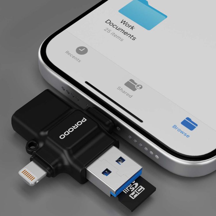 محول بورودو USB 3.0 OTG 4 في 1 مع موصلات Type-C وLightning، وقارئ بطاقات TF، ونقل بيانات سريع، وتوصيل وتشغيل، وتوافق عالمي، وMicro SD، وMicro SDHC، وMicro SDXC، وتوافق مع بطاقات TF - أسود
