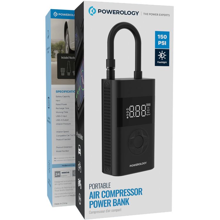 Powerology PPO55 Ultra Portable Air Compressor Powerbank, 4000mAh, 70W, 20 minutes Continuous Inflation, 20-23L/Min - Black 