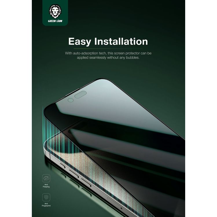 Green Lion ANTHONY 360° Privacy Screen Protector Glass for iPhone 15 Pro Max, 4-Way Anti-Peeping, Grease Resistance, Anti-Fingerprint, Anti-Peeping, Anti-Scratch, Easy Installation, Smudge-Free, Ultra-Thin Screen - Black