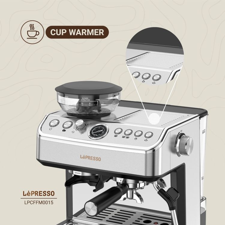 LePresso 20 Bar Espresso Coffee Maker with Bean Grinder, Cup Warmer, Milk Steamer, Multiple Brewing Options - Silver 