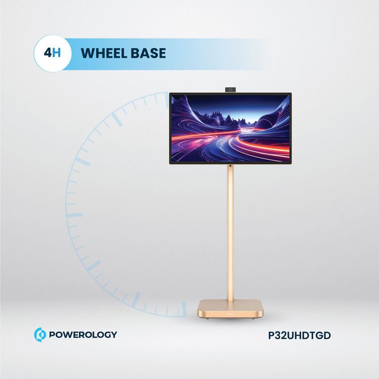 Powerology 32" Google 4K Screen with 4K Camera, 8GB RAM, 128GB Memory, 9800mAh Battery, 16.7M Colors, Android 13, 4 Hours Working Time, Dual 10W Speakers, 2.5 Hours Charging Time - Gold