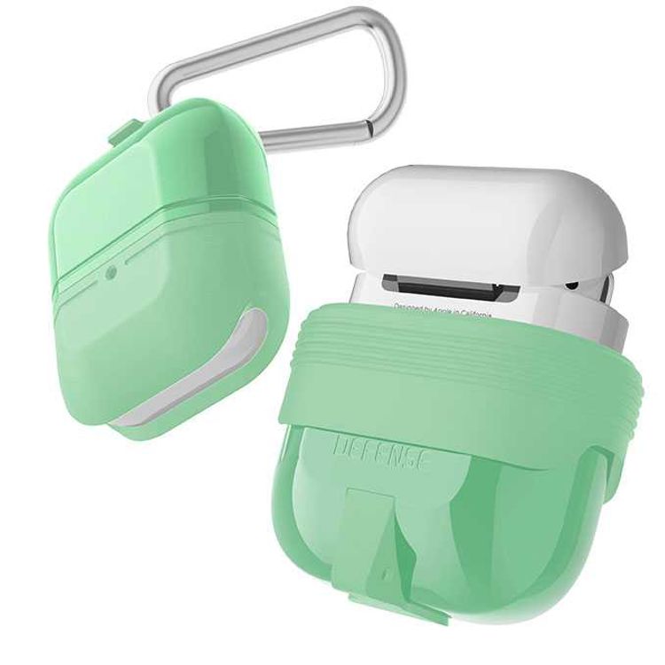 جراب X-Doria Defense Journey لسماعات AirPods 1 و2 مع حلقة تثبيت وحلقة قابلة للفصل، مصنوع من مادة TPU والسيليكون، مقاوم للماء والغبار، حماية كاملة بزاوية 360 درجة، مضاد للخدش - نعناعي