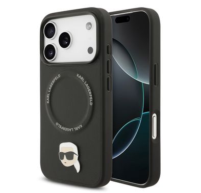 Karl Lagerfeld PU Leather Case with Karl Head Pins for iPhone 17 Pro Max, Slim Profile & Lightweight Design, Comfortable Grip, MagSafe Compatible, Sustainable Packaging, Easy Snap-On, Drop Protection - Black
