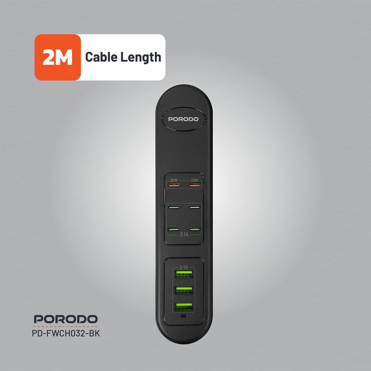 Porodo 50W Multi-Port USB Charging Hub with 20W Power Delivery, Simultaneous Charging, 2m Cable Length, Fast Charging Support, Built-in Safeguards - Black