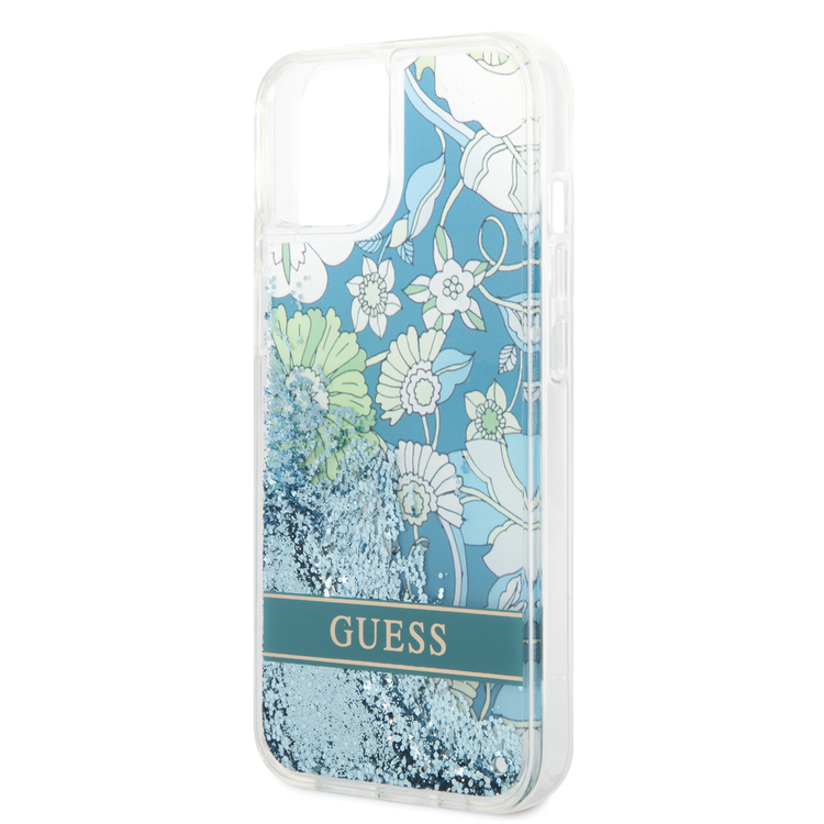 Guess Liquid Glitter Case with Flower Pattern Extra Shine Smooth Touch Feel iPhone 14 Compatibility - Green