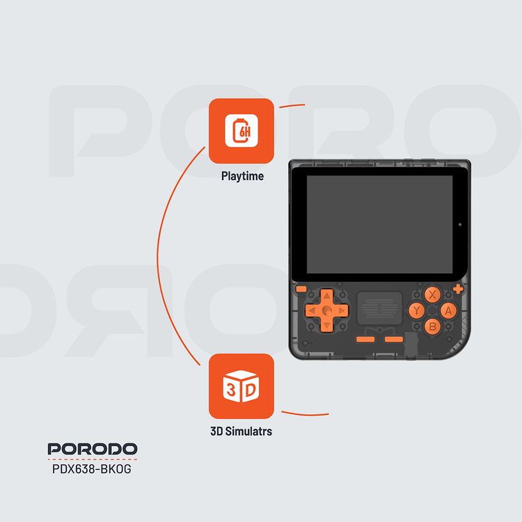 وحدة تحكم ألعاب Porodo Gaming Retro Arcade، محاكي ثلاثي الأبعاد، تصميم مريح، تشغيل صوتي غامر، شاشة IPS مقاس 3.5 بوصة، عمر بطارية 6 ساعات، بطارية 3000 مللي أمبير في الساعة - أسود / برتقالي 