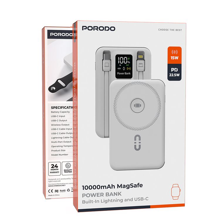 بورودو بنك طاقة لاسلكي مغناطيسي 10000 مللي أمبير/ساعة مع حامل كابل مدمج USB-C + Lightning، شحن متزامن، شاشة رقمية، PD 22.5 واط - أبيض