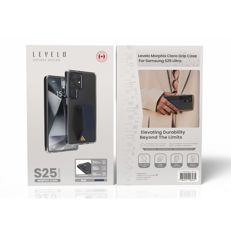 غلاف Levelo Morphix Clara بمقبض جلد مدمج لهاتف Samsung Galaxy S25 Ultra، مصنوع من مادة TPU، زوايا مقاومة للصدمات، حلقة كاميرا معدنية، مادة هجينة - أزرق