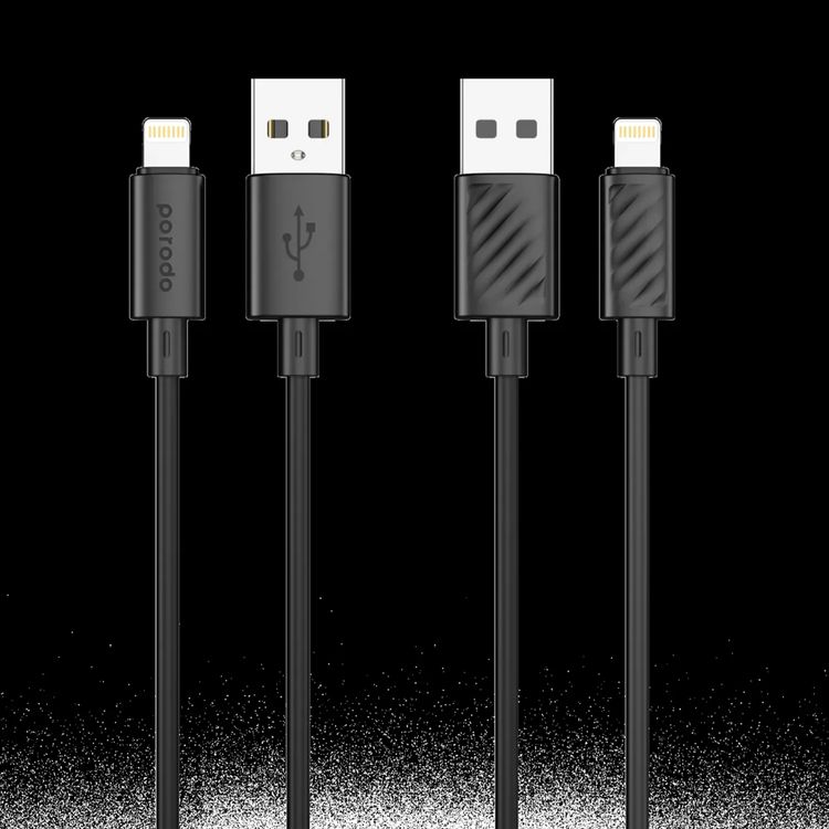 Porodo Blue USB-A to Lightning Charging Cable with 480Mbps Data Transfer, 3A Fast Charge, Flexible Material, Universal Compatibility - Black 