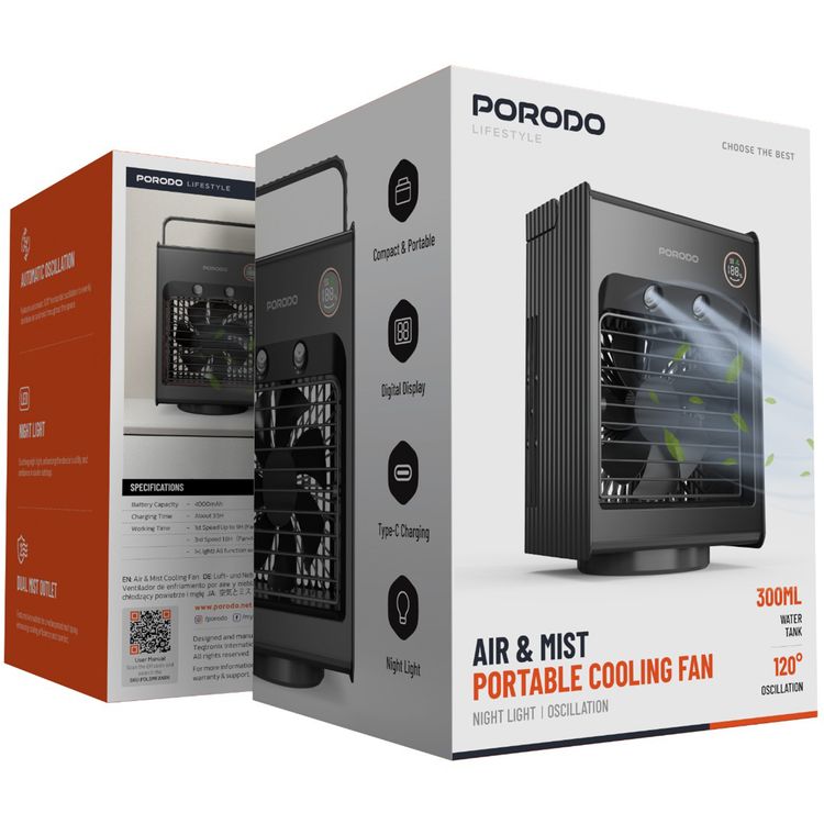 Porodo Lifestyle Air & Mist Portable Cooling Fan with Night Light and Oscillation, 4000mAh Battery Capacity,  Digital Display, Compact & Portable, Dual Mist Outlet, Type-C Charging Port, Ice Cube Tray Included - Black