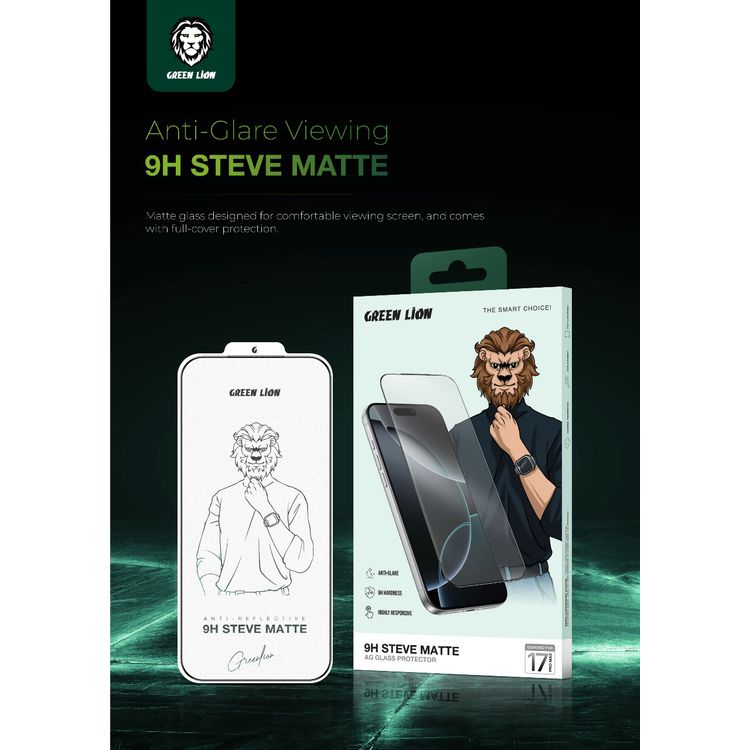 Green Lion 9H Steve Matte Strong Full Glass Protector for iPhone 17 Pro Max, Crystal Clear, Anti-Scratch, Anti-Fingerprint, Grease Resistance, Air Bubble Prevention, Highly Responsive - Clear