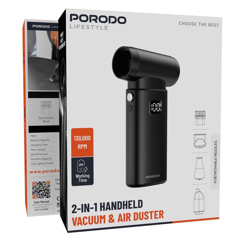 مكنسة يدوية ومنفاخ هواء 2 في 1 من بورودو لايف ستايل مع 5 إعدادات سرعة و 4 فوهات قابلة للفصل، قوة شفط 7000 باسكال، سعة صندوق الغبار 160 مل، سرعة محرك 130000 دورة في الدقيقة.