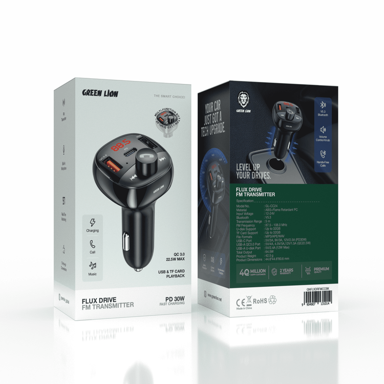 Green Lion Flux Drive FM Transmitter with PD 30W Fast Charging, QC 3.0, FM Transmitter, Built-in Microphone, Real-Time Monitoring, On-the-Go Convenience, Volume Control Knob, Hands-Free Calls, Safety Protection, LCD Display, USB & TF Card Playback, Simultaneous Charging, Control Buttons - Black