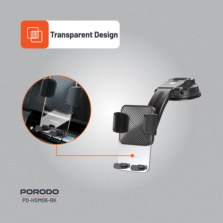 Porodo Crystal Mount with Extended Base, 60-90mm Grip Width, Transparent Design, Strong Adhesive, ABS & Silicone Material - Black