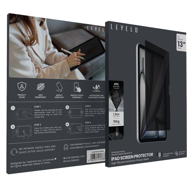 Levelo High Silicone Aluminum Glass Privacy Screen Protector for iPad Air 13" 2024, Scratch Resistance, Touch Sensitivity, Hydrophobic & Oleophobic Coating - Privacy