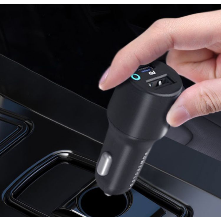 Powerology Dual Port Car Charger with USB-A & USB-C Ports, PD 35W, 47W Total Power, USB-C to Lightning Cable, 1.2m Cable Length, Fast Charging - Black