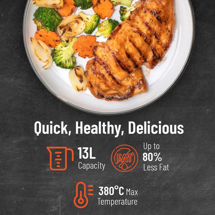 Porodo 3-in-1 Crisp Cook with Air Fryer, Pizza Mode, Oven Function, 13L Capacity, 18 Preset Cooking Modes, Intuitive Digital Control - Black