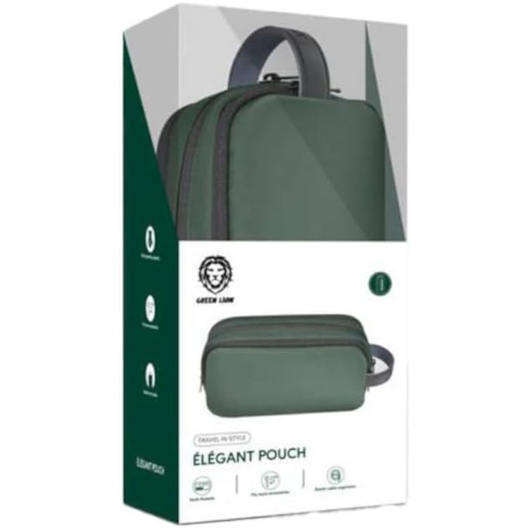 Green Lion Elegant Pouch with 600D Polyester & Leather Trim Material, Multifunctional Storage, Head Hang for Easy Carrying, Waterproof - Green 