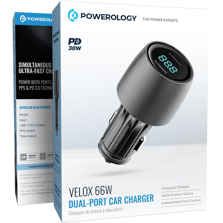 Powerology Velox 66W Dual USB-C Ports Car Charger, 30W Power Delivery, Multi-Protection Safety System, Independent Port Control, Fast Charge Support, Compact & Premium Build - Black