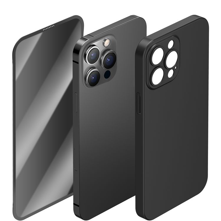 باقة حماية Green Lion 360° Carsaca Plus مع غطاء حافظة من مادة البولي كربونات وواقي شاشة للخصوصية لجهاز iPhone 13 Pro Max، مضادة للخدوش والبصمات، حماية كاملة بزاوية 360° - أسود