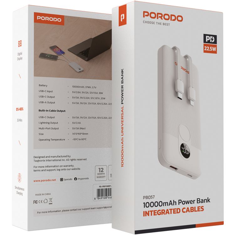 Porodo 10000mAh Power Bank with Built-in Type-C & Lightning Cables, 22.5W Power Delivery, Simultaneous Charging, 0%-60% Charge in 35 Minutes, Digital Display - White