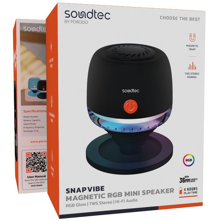 سماعة بورودو سناب فيب المغناطيسية RGB ميني، حتى 4 ساعات من وقت التشغيل، محرك غشاء معدني، إصدار بلوتوث 5.4، منفذ شحن USB-C، بطارية 500 مللي أمبير، مصنوعة من مادة ABS، مدى نقل يصل إلى 10 متر - أسود