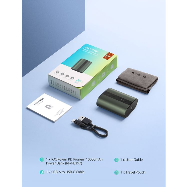 RAVPower 2-Port PD Pioneer Mini Power Bank 10000mAh 18W Fast Charging, Pocket Size Portable Charger Design, USB-C Universal Port, Anti-Scratch Metal Casing