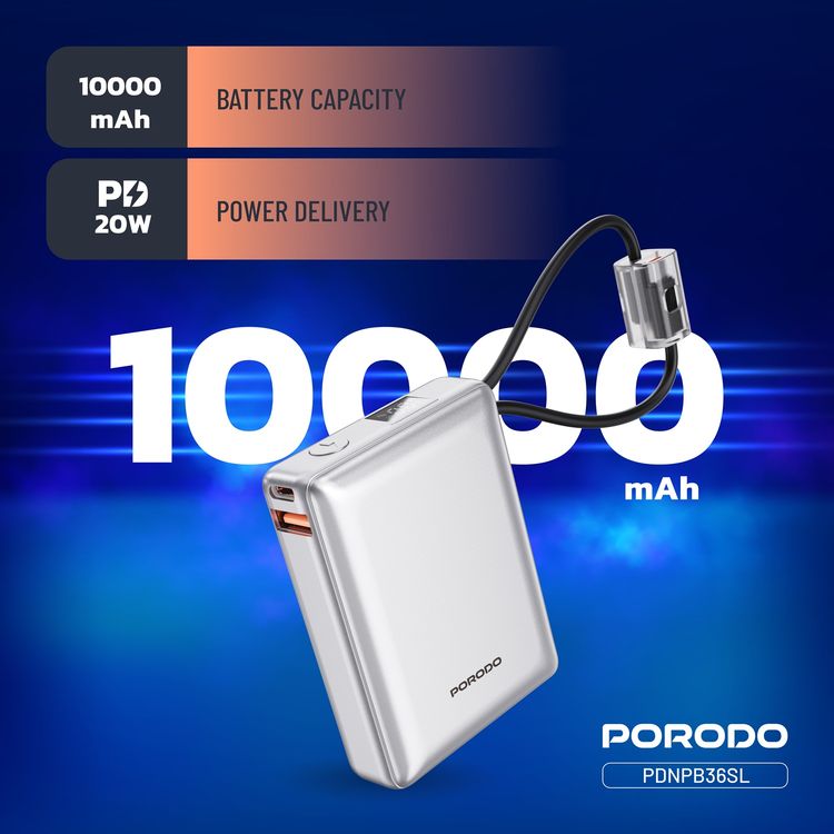 Porodo Petite 10000mAh Power Bank with Integrated Type-C & Lightning Cable, PD 20W, USB-A & USB-C Ports, Fast Charge Support, Digital Display, Universal Compatibility - Silver